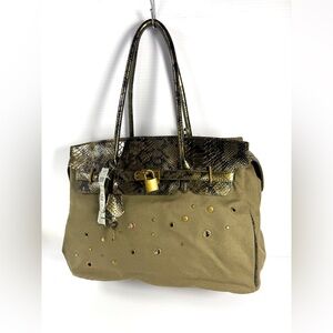 Cache Tan Canvas Shoulder Bag with Snakeskin Trim